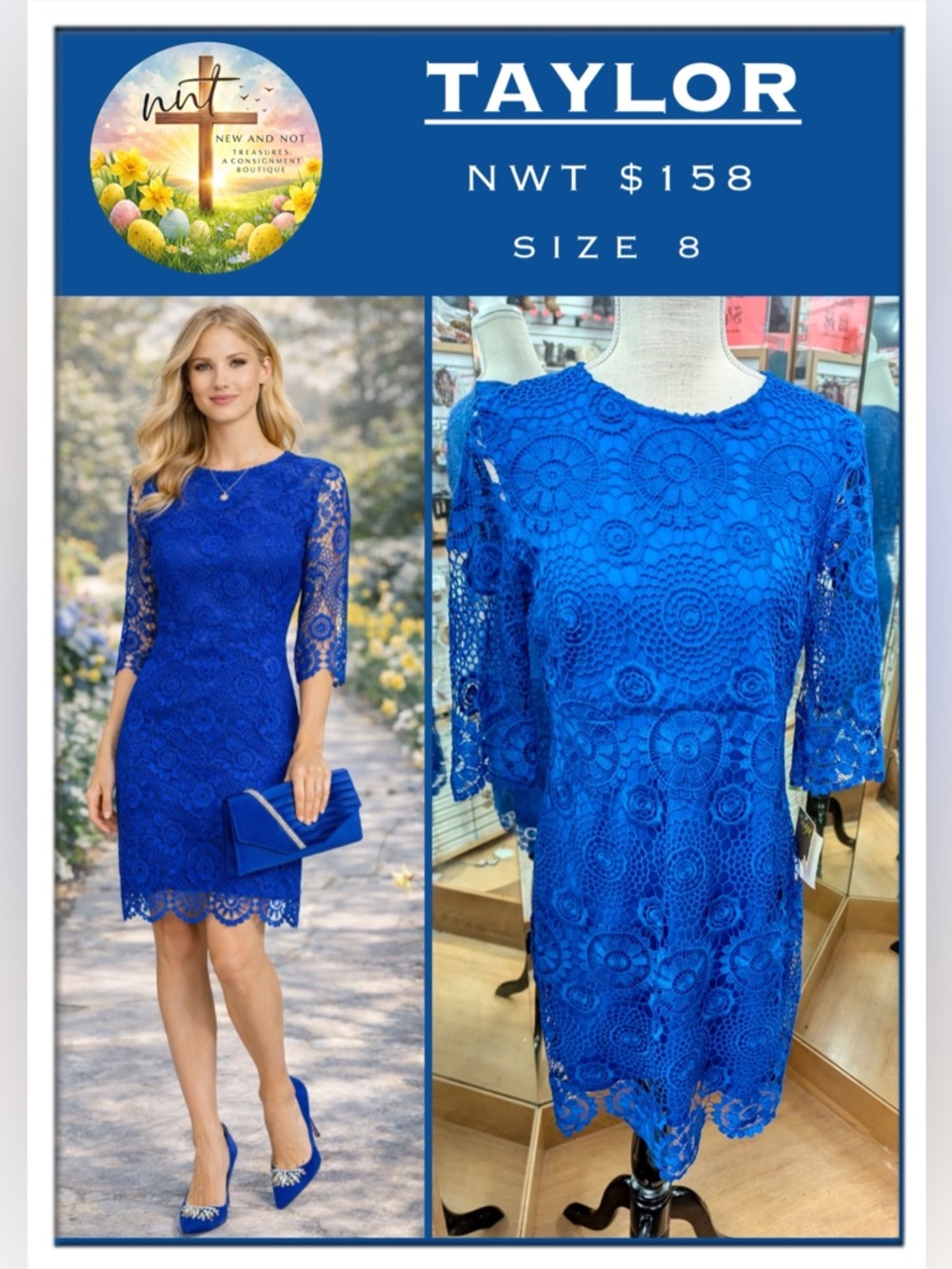 Taylor Sapphire Blue Lace Sheath Dress Size 8 Floral Crochet Scalloped NWT $158